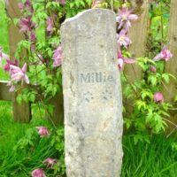 Basaltic Column Pet Memorial with Hand Carved Letters for Millie in the Garden