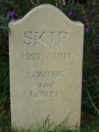 Standing Stone Pet Memorial. 5 cm thick with Ogee Shaped Top for Skip the Rough Collie