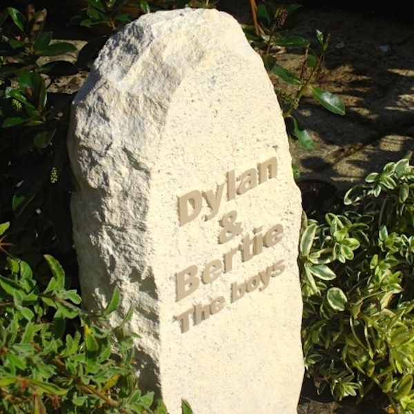 Pet Memorials in Stone for the Garden. A limestone Standing Stone Pet Memorial for Dylan & Bertie
