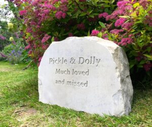 very large sandstone pet memorial boulder for pickle & dolly
