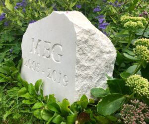 limestone pet memorial boulder with unpainted letters for meg