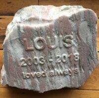 Marble Pet Memorial Boulder for Louis with Letters in Relief