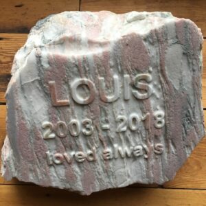 Marble Pet Memorial Boulder for Louis with Letters in Relief