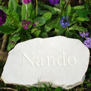 Limestone Cloud Plaque Pet Memorial for Nando amongst Primroses