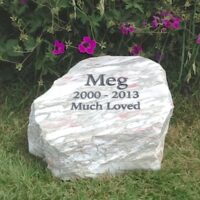 Marble Pet Memorial Boulder in Rose Marble for Meg in the Garden