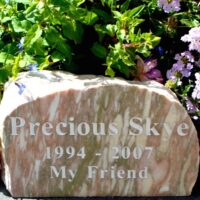 Marble Pet Memorial Boulder for Skye with White Painted Letters