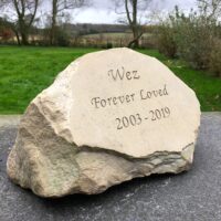 Sandstone Pet Memorial Boulder for the Garden for Wez the Westie Dog