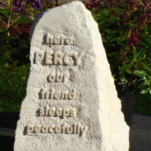 Limestone Obelisk Pet Memorial with Letters in Relief for Percy