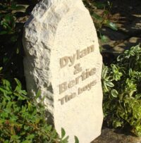 Rustic Limestone Pet Memorial with Letters in Relief for Cats Dylan and Bertie