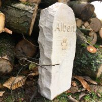 Rustic Limestone Pet Memorial with Paw Print and Letters in Relief for Albert the Jack Russell