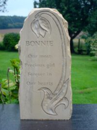 Sandstone Column Pet Memorial with Hand Carved Flower Motif for Bonnie in the Garden