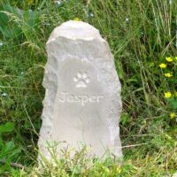 Sandstone Column Pet Memorial with Paw Print Motif for Jasper in Wild Flower Garden