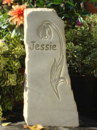 Sandstone Column Pet Memorial with Hand Carved Flower Motif for Jessie in the Garden