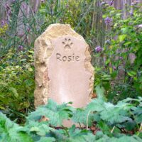 Sandstone Column Pet Memorial with Paw Print Motif for Rosie in the Garden
